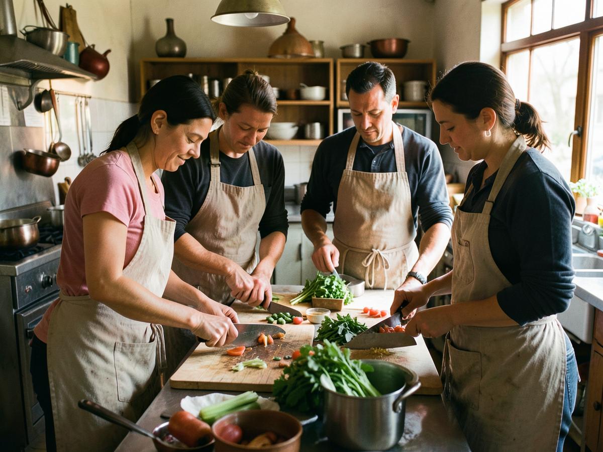 Four people in aprons chopping vegetables and herbs side by side around a kitchen bench