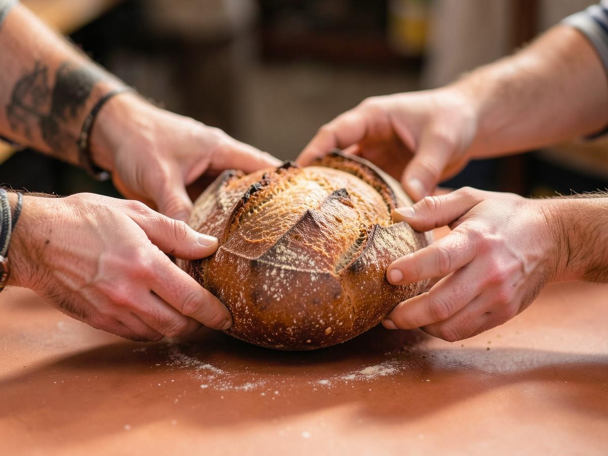 Two pairs of hands passing a round loaf of crusty bread across a terracotta table